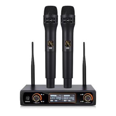 Imagem de CIADAZ Sistema de microfone portátil sem fio UHF profissional de 16 canais 2 microfones 1 receptor Cabo de áudio de 6,35 mm Display LCD Microfone cardióide e receptor 16 canais para karaokê em família