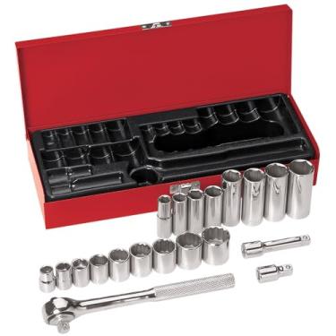 Imagem de Klein Tools 65508 Conjunto de chave de soquete de chave de chave de direção de 0,9 cm com soquetes de 6 pontos, 12 pontos e 6 pontos profundos em tamanhos SAE, caixa incluída, 20 peças