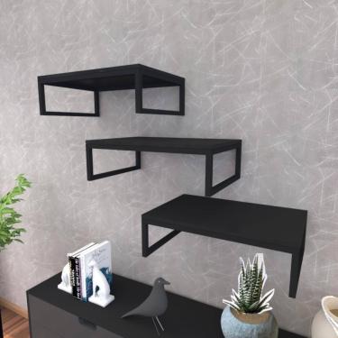 Imagem de Prateleira Industrial Suspensa Estante Parede Nicho Preto Ferro E Madeira Suporte Pratileira