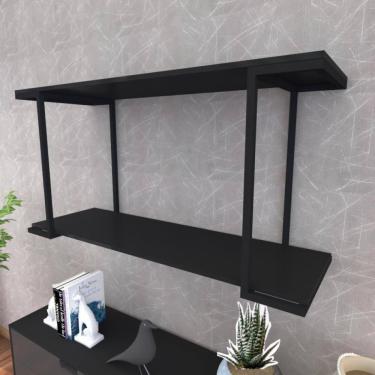 Imagem de Prateleira Industrial Suspensa Estante Parede Nicho Preto Ferro E Madeira Suporte Pratileira