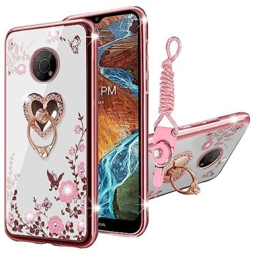 Imagem de KuDiNi Capa para Nokia G300, Nokia G300 5G capa de telefone para mulheres com glitter cristal macio cintilante borboleta coração floral transparente capa protetora com suporte + alça para Nokia G300