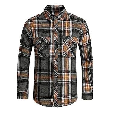 Imagem de Camisa masculina ocidental de algodão xadrez de manga comprida com botões de flanela de algodão, Cinza, XXG