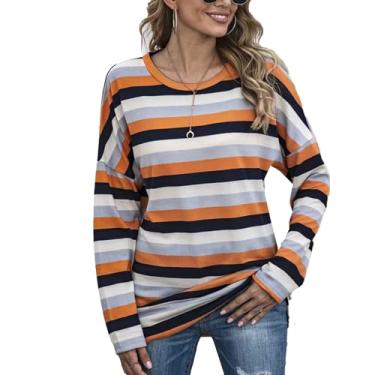 Imagem de Pissente Camiseta feminina com estampa listrada gola redonda manga longa ajuste solto blusa casual com contraste de cor para a vida diária, Laranja, GG