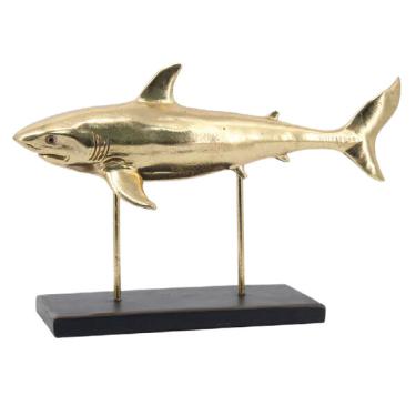 Imagem de Escultura Decorativa Tubarão Em Resina Dourada 32cm Na0929 Btc