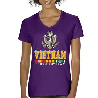Imagem de Camiseta feminina Vietnam War Proud Veteran com decote em V American Army Vet Saigon Serve Defend Freedom DD 214 Soldier Patriotic Tee, Roxa, G
