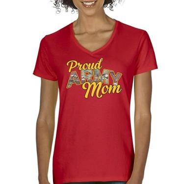 Imagem de Camiseta feminina com gola V Proud Army Mom US Military Family Pride Veteran Patriotic Armed Forces Mother's Day Licenciada, Vermelho, XXG