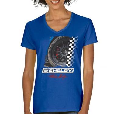Imagem de Camiseta feminina Shelby Wheel gola V clássica American Muscle Car Racing Mustang Cobra GT500 Performance Powered by Ford Tee, Azul, P