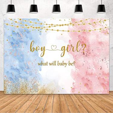 Imagem de MEHOFOND Pano de fundo azul rosa para revelação de gênero para menino ou menina decoração de festa fundo aquarela ouro rosa e azul marinho Ele ou Ela Gravidez Revelar Festa Surpresa Fotoshoot Banner 2,1 x 1,5 m