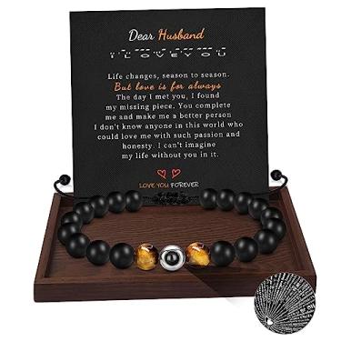 Imagem de Pulseiras de contas para homens 100 idiomas I Love You Gifts for Him Pulseiras de projeção para pai, avô, irmão, filho, marido, neto, olho de tigre, pulseira masculina, ajustável, aniversário, Natal, joia, Pedra, Sem pedras preciosas