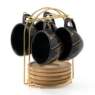 Imagem de LUKA Conjunto de xícaras de café expresso de cerâmica Demitasse com pires e suporte de metal, xícaras de cappuccino empilháveis de porcelana de 227 g para chá, expresso, latte, café, café mocha,