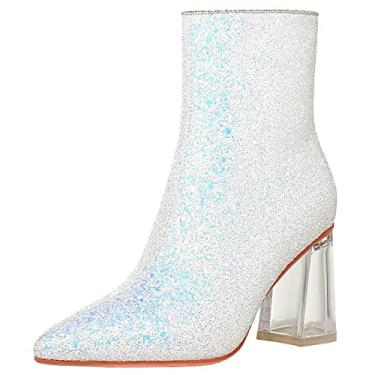 Imagem de FIFSY Botas femininas de salto transparente, salto grosso, lantejoulas, glíter, botas de tornozelo, Branco, 10