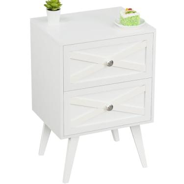 Imagem de Lerliuo Mesa de cabeceira branca, mesa lateral de cama com 2 gavetas, porta de celeiro, pernas de madeira maciça, mesa de canto moderna de meados do século, armário de madeira para quarto, sala de estar, dormitório