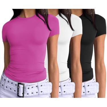 Imagem de AUTOMET Camisetas femininas de manga curta de 3 peças básicas para sair, caimento justo, roupas cropped 2024 Y2k, preto, branco, rosa-choque, X-Small