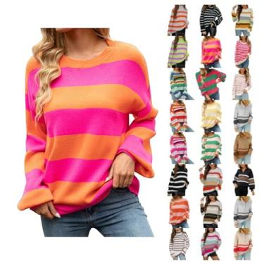 Imagem de Aniywn Suéter feminino 2024 primavera outono manga longa gola redonda listrado color block casual solto suéter pulôver pulôver tops, A2 - Laranja, P