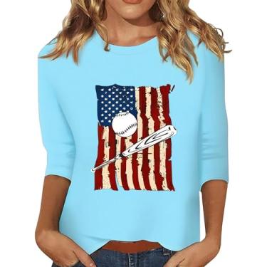 Imagem de 4th of July Camisetas femininas 4th of July Shirts Star Stripes 3/4 manga bandeira americana blusas soltas casuais, Azul-celeste nº 3, G