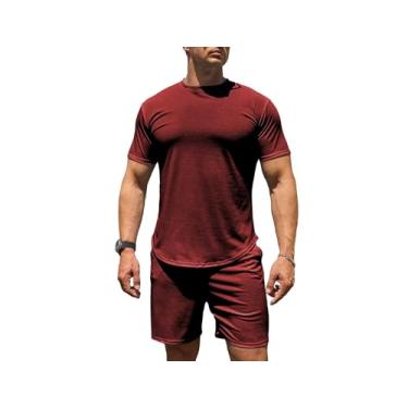 Imagem de Uni Clau Conjunto masculino de 2 peças, conjunto de camisetas e shorts de manga curta para verão e praia, Vermelho, M