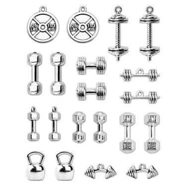 Imagem de JIALEEY Coleção de pingentes esportivos com sino de chaleira mista, haltere, peso, berloques esportivos para fazer você mesmo, colar fitness, joias, 20 peças (100 g)