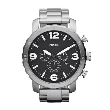 Imagem de Fossil Relógio masculino Nate com mostrador cronógrafo grande e pulseira de aço inoxidável ou couro, Prata, Men's Standard, Nate