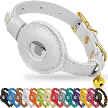 Imagem de OOPSDOGGY Coleira AirTag de couro para gatos com sino – coleira não separável com suporte para Apple Air Tag – Coleiras leves para animais de estimação com GPS para meninas, meninos, cães pequenos,