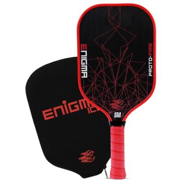 Imagem de Enigma Pickleball Pá de pickleball Proto-Fire, controle de potência aprimorado e rotação máxima, raquete de pickleball de fibra de carbono bruto termoformada com núcleo de polímero de favo de mel,
