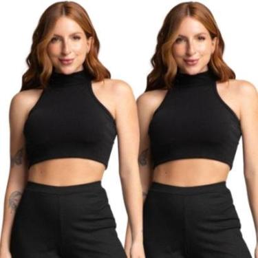 Imagem de KIT 2 Cropped Regata Crepe Bella Fiore Roupa Blogueira Gola Alta Feminino Moda Casual-F...