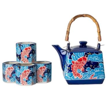 Imagem de Conjunto de chá de porcelana em forma quadrada de 591 ml com 4 xícaras hexagonais pintadas à mão, design de peixe koi, alça superior, estilo japonês