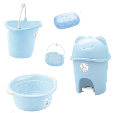 Imagem de Kit banho bebe adoleta saboneteira + balde bacia lixeira e outros azul