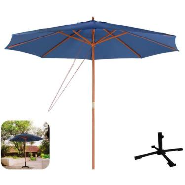 Imagem de Kit Ombrelone Madeira Guarda Sol 3m Azul Sombreiro Base Aço Piscina Ja