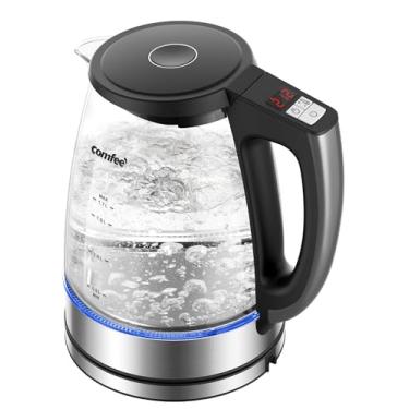 Imagem de COMFEE' Chaleira de vidro de 1,7 L e caldeira de água - Chaleira elétrica de controle de temperatura com 6 predefinições, 2 horas para manter quente, aquecimento rápido, aço inoxidável 304,
