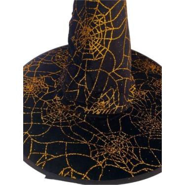 Imagem de Chapéu De Bruxa Halloween Aveludado com Glitter Dourado