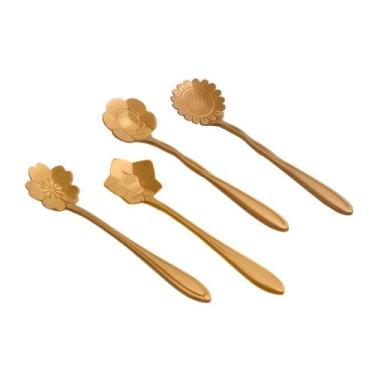 Imagem de Cj 4 colheres aço inox p/chá flores rosé gold - LYOR