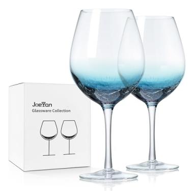 Imagem de Joeyan Conjunto de taças de vinho Crackle sopradas à mão de 59 a 595 g Taça de vinho grande vinho com haste - Taça de cristal colorida azul para vinho vermelho/branco - Presente de vidro exclusivo