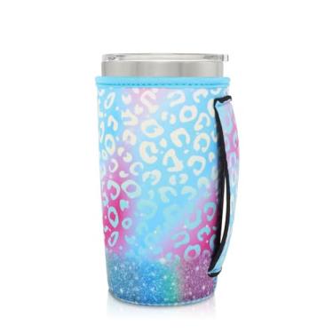 Imagem de AJLTPA Suporte de copo com mangas isoladas de neoprene com alça para copos de 590 ml, manga reutilizável para café gelado compatível com Starbucks Trenta, Dunkin grande, mais (leopardo ridescente)