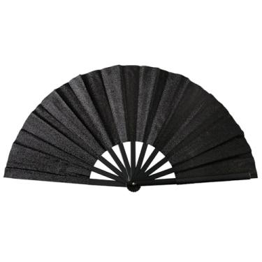 Imagem de QCWN Ventilador de mão, ventilador de mão preto dobrável, ventilador de rave dobrável, ventilador renascentista, grande ventilador de concerto preto com glitter, grande ventilador dobrável portátil icônico para homens mulheres festival dança presente decoração de desempenho