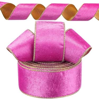 Imagem de Yungyan Fitas de veludo com fio de Natal com borda dourada para presente de Natal, fita de feltro para decoração de árvore de Natal, guirlanda vintage, artesanato ao ar livre (6 cm x 35 metros, rosa