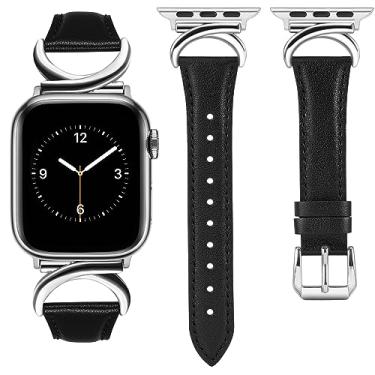 Imagem de Minyee Pulseira de couro compatível com Apple Watch 41 mm, 40 mm, 38 mm, 44 mm, 45 mm, 42 mm, 49 mm, feminina, fina, elegante, com fivela de metal em forma de C para iWatch Series 8/7/6/5/4/3/2/1/SE/Ultra