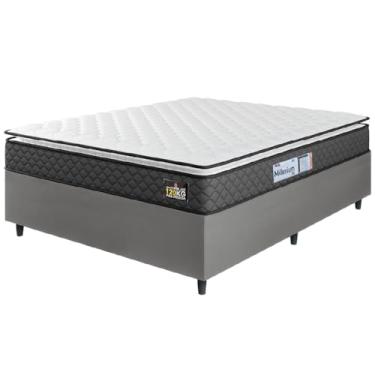 Imagem de Cama Box Casal Queen Colchão Espuma D33 Pillow Top Millenium 158x198x57cm Suede Cinza/Branco Hellen – Suporta Até 120 Kg Por Pessoa
