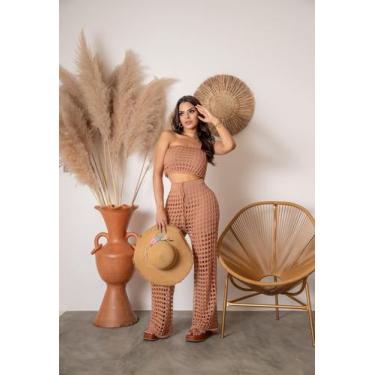 Imagem de Conjunto Saída De Praia Calça Pantalona Cropped Tricot Verão - Calu Tr