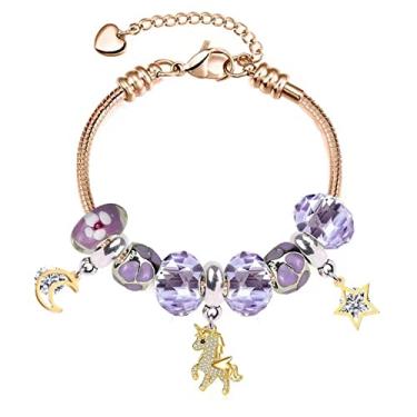 Imagem de Pulseira Pandora Unicórnio Ideias de Presente para Meninas Adolescentes Ajustável 17 a 21 cm, 8 3 inch, Vidro