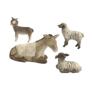 Imagem de Kuntesetty 4x Estatuetas de animais Conjunto de natividade de animais Burro Cavalo Ovelha Escultura Figura pintada à mão para festa