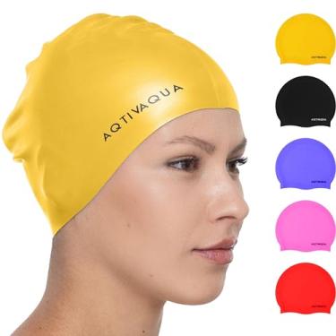 Imagem de AqtivAqua Touca de natação feminina para homens adultos crianças 6-14 meninas meninos jovens chapéu silicone impermeável (cor amarela, tamanho adulto)