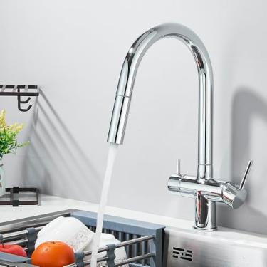 Imagem de Torneira de cozinha de purificação cinza, tubo flexível, alça dupla, misturador de água fria e quente, torneira com filtro de água potável pura, cromada