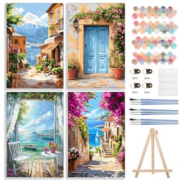 Imagem de Pacote com 4 kits de pintura por números para adultos iniciantes em tela emoldurada, kit de pintura por números para adultos com cavalete de madeira, paisagens de porta de flores, pintura fácil por