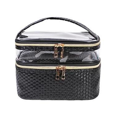 Imagem de FITINI Bolsas de Maquiagem Dupla Camada Armazenamento de Viagem Estojos de Cosméticos Organizador de Maquiagem Sacos de Higiene Pessoal Resistente à Água para Mulheres Saco de Pincel de, Padrão de tecido preto, Macio