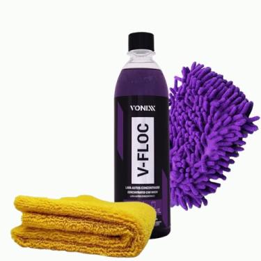 Imagem de Vonixx Kit Lavagem Automotiva, V-Floc Shampoo Automotivo 500ml, Luva de Microfibra e Flanela 60x40cm