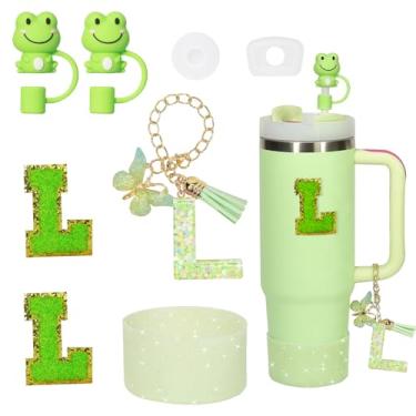 Imagem de Liangang Conjunto de 8 peças de acessórios de copo verde para Stanley 850 g 1,134 g, incluindo bota, tampa à prova de derramamento, 2 peças de capa de canudo Stanley e 2 peças de letras adesivas