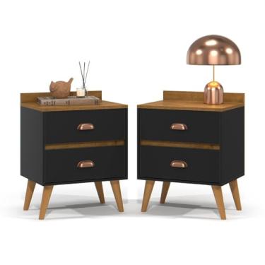 Imagem de Kit Mesa De Cabeceira, 2 Mesinhas De Cabeceira (Para Quarto), 2 Gavetas(KIT 2 MADERO NEW -PRETO/FREIJO)