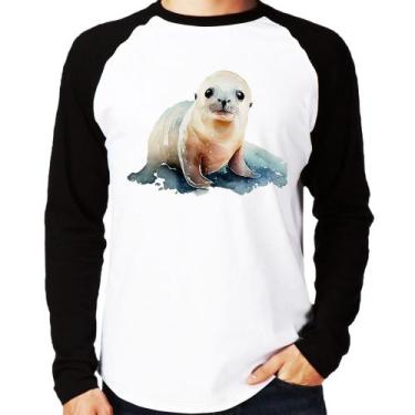 Imagem de Camiseta Raglan Foca Bebê Manga Longa - Foca na Moda, Branco, Preto, G