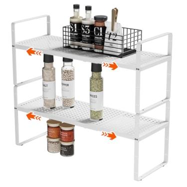 Imagem de DPZM Organizador empilhável de armário de cozinha, prateleira de metal ajustável para armários de armazenamento de cozinha, prateleira expansível de especiarias, organizador de bancada para despensa e