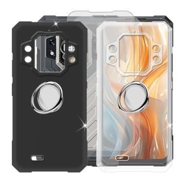 Imagem de Capa para Cubot Kingkong X Pro (6,7 polegadas) + protetor de tela (pacote com 2), 2 capas de silicone ultrafinas à prova de choque antiarranhões com suporte de anel de telefone ajustável 360° - preto